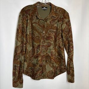 VTG Sno Skins Womens M Paisley Button Down Shirt Olive Green Rust Stretch USA